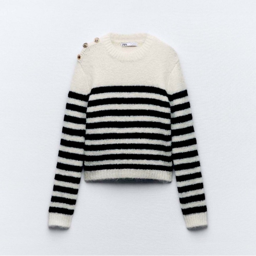Zara Navy Buttoned Striped Knit Sweater